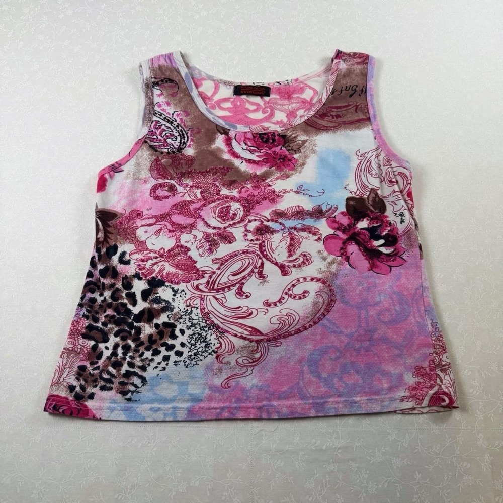 Vintage 2000s Japanese Ramloosa Rhinestone Floral Tank Top- Size M